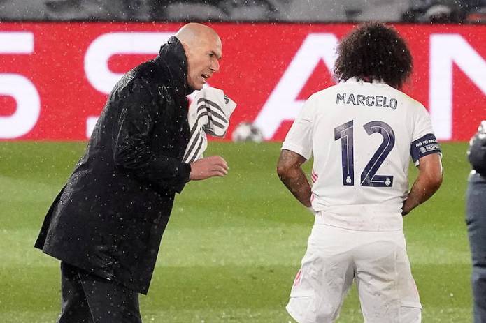 Real Madrid s coach Zinedine Zidane with Marcelo Vieira during UEFA Champions League Semi-finals 1st leg match. April 27